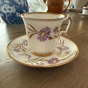 Vtg Royal Chelsea Bone China Teacup and Saucer Purple/Gold Floral Design 735A